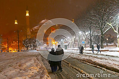 View of the Blue Mosque in the snowy winter. Istanbul, Turkey Editorial Stock Photo