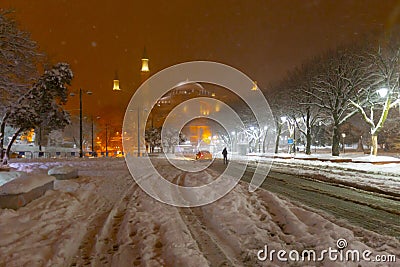 View of the Blue Mosque in the snowy winter. Istanbul, Turkey Stock Photo