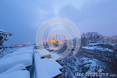 View of the Blue Mosque in the snowy winter. Istanbul, Turkey Stock Photo