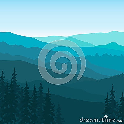 View of blue mountains with forest. Vector Illustration