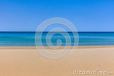 View of blue sea waves at sandy beach. Horizon line. Caspian Sea, sandstone coast. ustyurt. Selective focus, long shutter speed Stock Photo