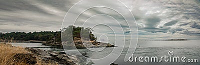 View of Boat Passage from Winter Cove Marine Park anchorage, Vancouver Island, Canada Stock Photo