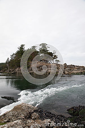 View of Boat Passage from Winter Cove Marine Park anchorage, Vancouver Island, Canada Stock Photo