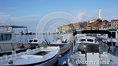 Boats in front of Historical town of Rovinj, Croatia Editorial Stock Photo