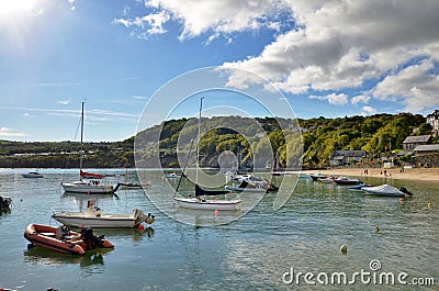 View of boats in New Quay harbour, Wales. Stock Photo