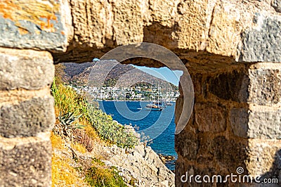 View of the Bodrum bay from the loophole of the castle of St. Peter Stock Photo