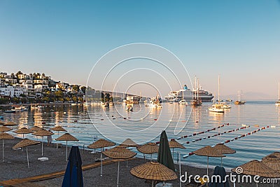 View of Bodrum Marina from the beach in early morning - Bodrum, Turkey Editorial Stock Photo