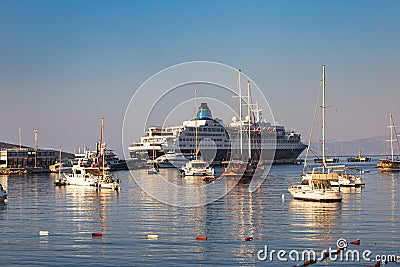 View of bodrum marina with boats, cruises and yachts - Bodrum, Turkey Editorial Stock Photo