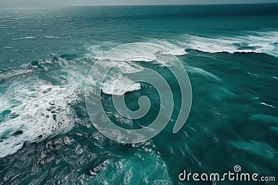 a view of a body of water from a plane flying over the ocean with a lot of foamy water on the bottom of the water Stock Photo