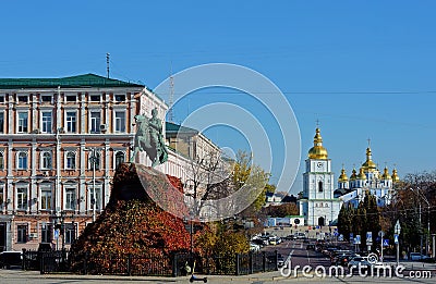 Bohdan Khmelnytsky monument and St. Michael`s Golden-Domed Monastery in Kyiv Ukraine Editorial Stock Photo