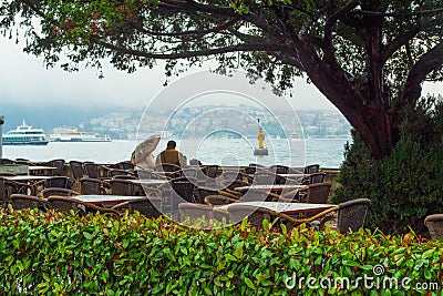 View of Bosphorus strait seen from waterfront cafe Istanbul Turkey Editorial Stock Photo