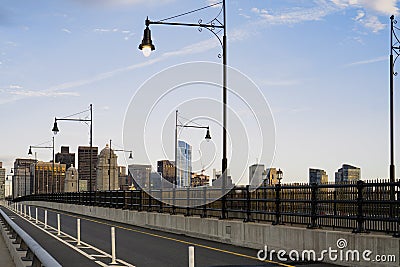 View of Boston skyline and part of street from the Long Fellow bridge on a nice cloudless sky Stock Photo