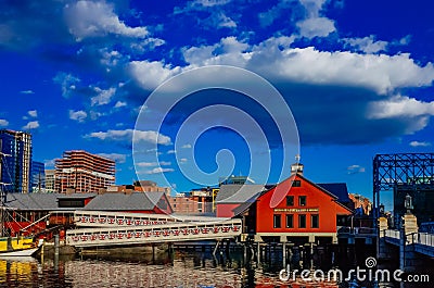 Boston Tea Party Ship & Museum over Fort Point Channel in Boston Editorial Stock Photo