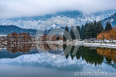 A view of botanical garden with lake in winter season, Srinagar, Kashmir, India Stock Photo