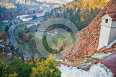 View of the Bran Village from Bran Castle Stock Photo