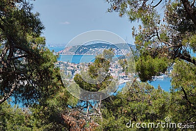 View through the branches of coniferous trees to the islands in the sea. Travel to Adalar Stock Photo