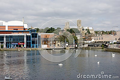 A view of Brayford Pool with the Odeon cinema and the Cathedral Editorial Stock Photo
