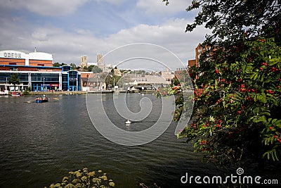 A view of Brayford Pool with the Odeon cinema and the Cathedral Editorial Stock Photo