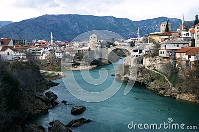 View from the bridge in the center of the city of Mostar Stock Photo