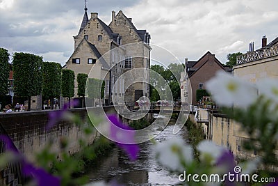 View from a bridge in Valkenburg flowers in front Stock Photo
