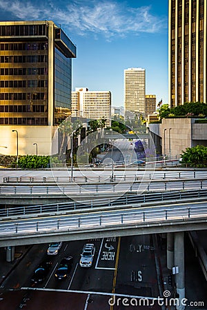 View of bridges over Flower Street, in downtown Los Angeles, Cal Editorial Stock Photo