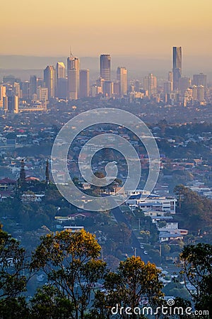View of Brisbane City and suburbs from Mt Gravatt at dawn Editorial Stock Photo