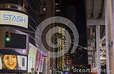 View of Broadway at night time. Neon advertising boards on skyscrapers. New York. Editorial Stock Photo