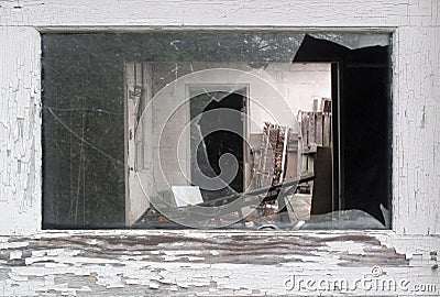 View Through a Broken Window. Stock Photo