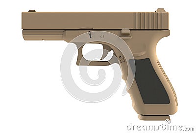 Beside view of brown semi automatic 9x19 handgun isolated on white background Stock Photo