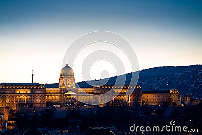 View of Buda Castle on the side of Bude at night. Budapest, Hungary. Blue hour photo Stock Photo