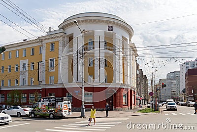 View of the building built in the period of Stalin from the intersection of Karatanov Street and Prospekt Mira in the old center Editorial Stock Photo
