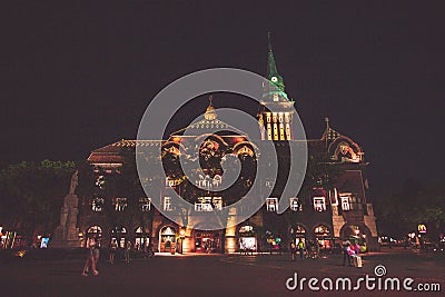 View of a building of McDonaldâ€™s at night in Subotica, Serbia Editorial Stock Photo