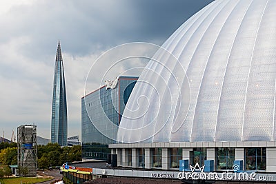 View of the building of the water park and the Lakhta Center skyscraper Editorial Stock Photo