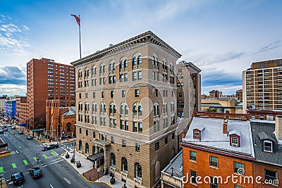 View of buildings along Franklin Street, in Mount Vernon, Baltimore, Maryland Editorial Stock Photo