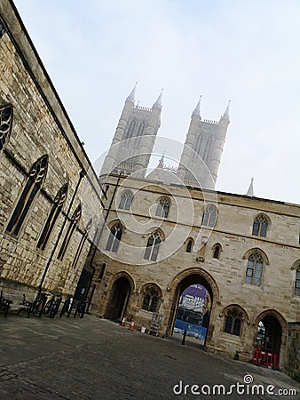 View of Buildings on Exchequergate With the towers of Lincoln Cathedral Beyond Stock Photo
