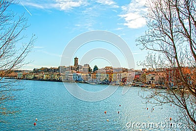 Marta burg on Bolsena lake Stock Photo