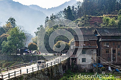 View of bus stop and road to Chengyang village Editorial Stock Photo