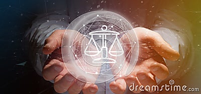 Businessman holding Cloud of justice and law icon bubble with data 3d rendering Stock Photo