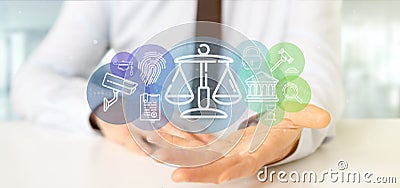 Businessman holding Cloud of justice and law icon bubble with data 3d rendering Stock Photo