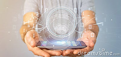 Businessman holding a Digital fingerprint identification and binary code 3d rendering Stock Photo