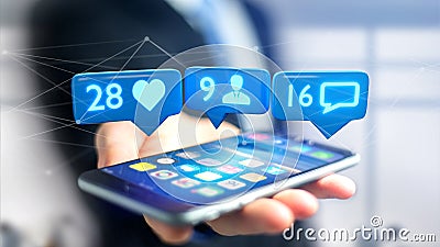 Businessman using a smartphone with a Like, Follower and messag Stock Photo