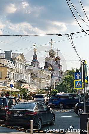 Nizhny Novgorod, Russia, July 6, 2023. View of the domes of the Nativity Cathedral from the street of the same name. Editorial Stock Photo