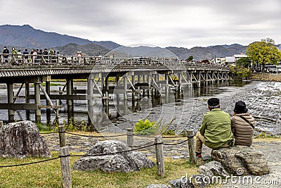 View of the busy Togetsukyo Bridge in Kyoto Editorial Stock Photo