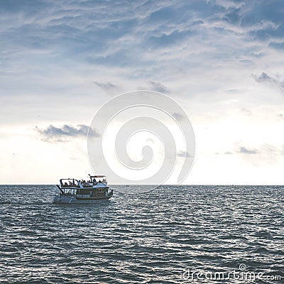 View from cabin Seascape picture. The sky with clouds, waves on the sea surface. Pleasure boat went out to sea photos Stock Photo