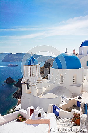 View of caldera with stairs and church, Santorini Stock Photo