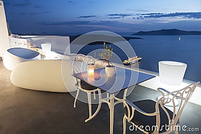 View of the Caldera from the terrace cafe, Fira, Santorini, Editorial Stock Photo