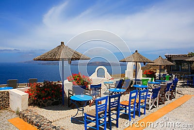 View of the Caldera from the terrace cafe, Santorini, Greece Stock Photo