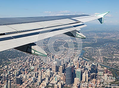 View of Calgary Downtown Outside Airplane Window Stock Photo