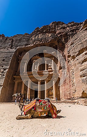 A view of a camel in front of the Treasury building in the ancient city of Petra, Jordan Editorial Stock Photo