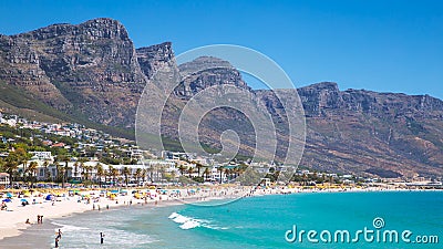 View Camps bay beautiful beach with turquoise water and mountains in Cape Town Editorial Stock Photo